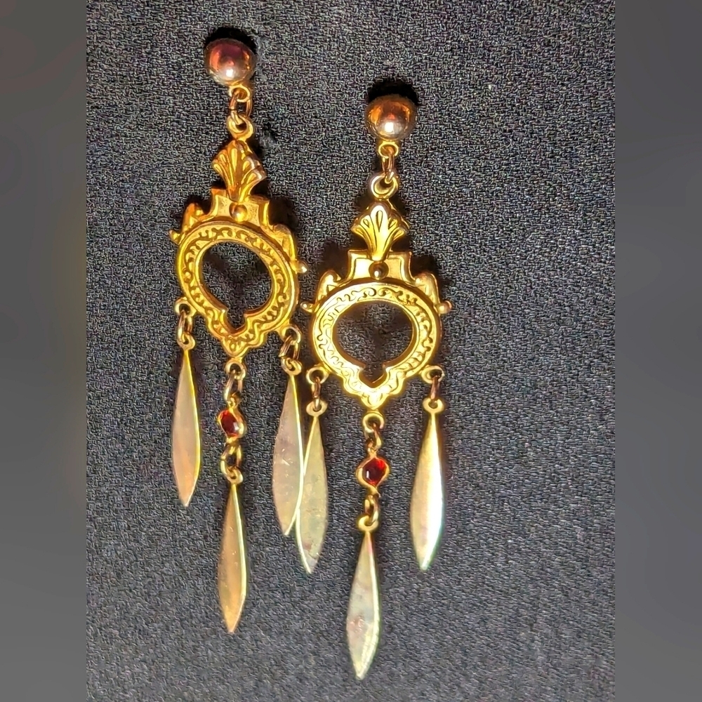 Vintage Earrings Bollywood gold tone red rhinestone dangling drop 3" Dangle